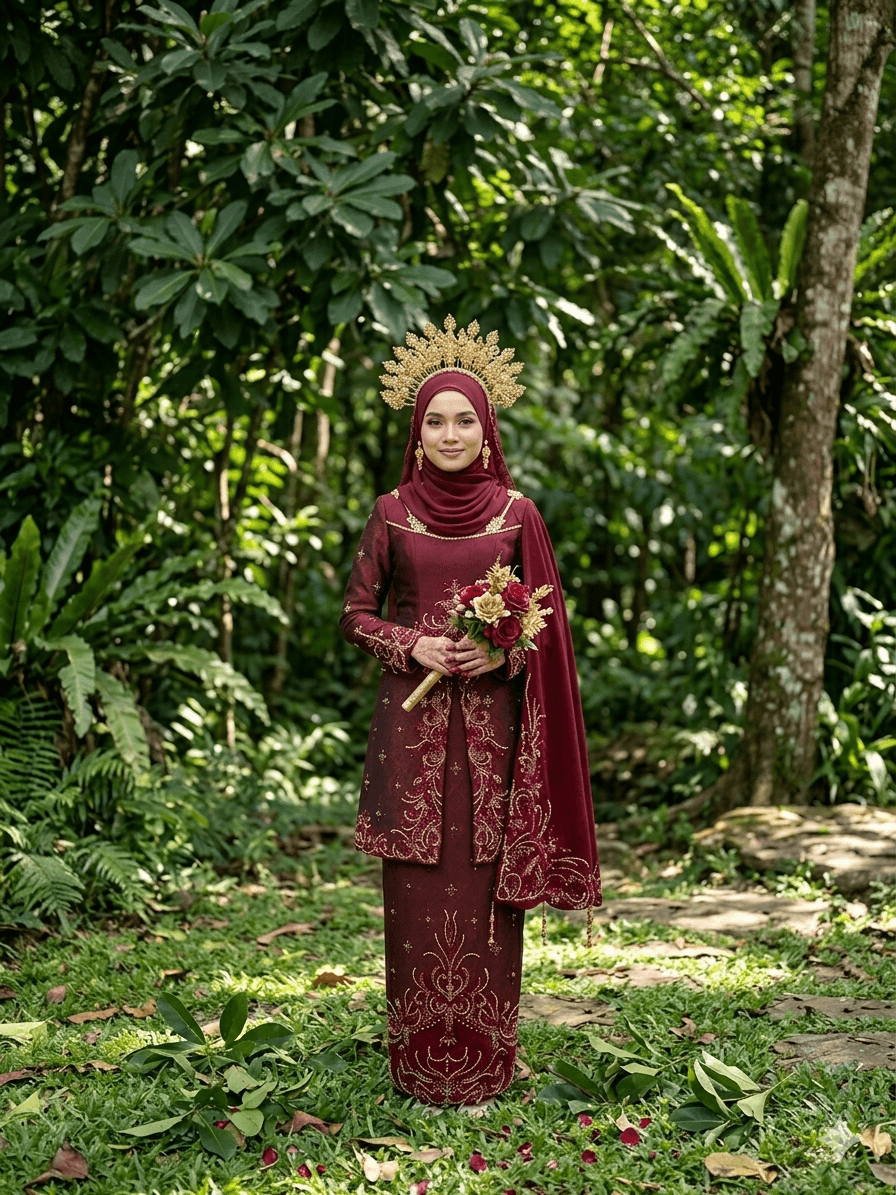 Nabila and Farhan posing in their custom reception attire